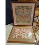 Pair of Framed Samplers dated August 1881 and August 1925 - larger frame 37cm x 34.5cm