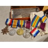 Case of WW1 World War One Military Army Medals inc Service, 1914-1915 Star, c1918 Good Conduct Award