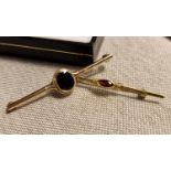 9ct Gold & Sapphire Pin Brooch + a similar 9ct Gold and Garnet example - 3g weight combined