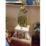 Antique French Movement Marble Effect Mantle Clock with Brass Lady Figure - approx 56cm tall