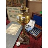 English-Made Duplex Brass Lamp - no shade, converted to electric, approx 51cm tall