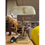 Vintage Mottled Yellow Shade Banker's Library Lamp