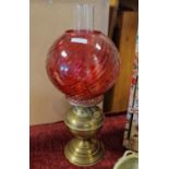 British-Made Duplex Brass Oil Lamp with Cranberry Red Glass Bowl Shade and Chimney - approx 45cm tal