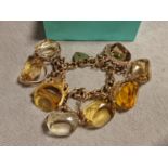 Antique 9ct Gold and Large Citrine Stone Charm Bracelet - 111g, each stone individually bought durin
