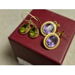 Two Pairs of 9ct Gold Drop Earrings inc Amethyst and Peridot Stones - total weight 3.95g