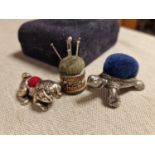 Trio of Antique Sterling Silver Pin Cushions inc Bulldog and Tortoise examples