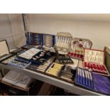 One Box of Various Silver Plated, EPNS and Stainless Steel Cutlery and Knife Fork Spoon Sets inc Vin