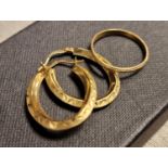Pair of 9ct Gold Hoop Earrings plus a 9ct Gold Wedding Band Ring (size K)