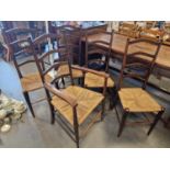 Group of Five 1940's Rush Seat and Ladder back Dining Chairs
