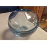 Scandinavian Vintage Round Blue Glass Vase - signed 'Holmegaard 1961' to base, approx 13.5cm diamete