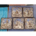 Collection of Five Antique handpanted Minton Tiles