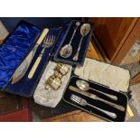 Trio of Hallmarked Silver (89g) and Silver Plate Cutlery Sets plus a nice Mother of Pearl Theatre Gl