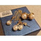 Two Pairs of 9ct Gold and Pearl Earrings plus 9ct Gold and Pearl Necklace/Chain - total weight 7.4g