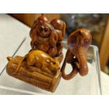 Trio of Chinese Wooden Carved Netsuke Figures inc Signed example