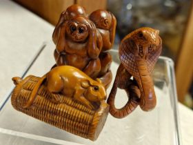 Trio of Chinese Wooden Carved Netsuke Figures inc Signed example