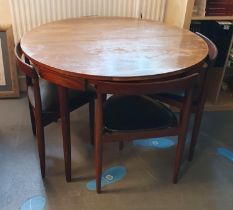 Mid-Century Teak and Leather Danish Denmark Roundette Table and Chair (4) Set - by Hans Olsen for Fr