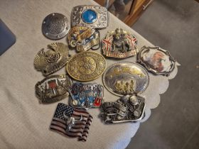 Group of 12 Metallic American Made Belt Buckles inc some 1980's Baron examples + Harley Davidson