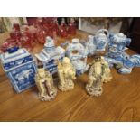 Large Assortment of Blue & White China Teapots, Jars & Figures