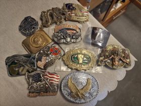 Group of 12 Metallic American Made Belt Buckles inc some 1980's Baron examples + Harley Davidson