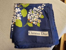 Vintage Christian Dior Dark Blue Floral Silk Shawl - 80cm square