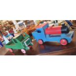 Pair of Large Handmade and Handpainted Wooden Child's Display Trucks and Train