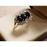 9ct Gold and Sapphire Three-Stone Cluster Ring, 3.5g and size M+0.5