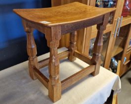 Robert Thompson Mouseman Carved Wooden Stool - mouse to upper leg, 41x28x39cm