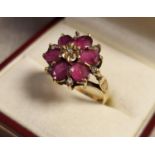 9ct Gold, Ruby & Diamond Cluster Ring, size M+0.5 & 3.7g