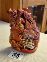 Heavily Carved Red Chinese Soapstone Seal - approx 12cm tall