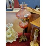 English-Made Duplex Rose Glass Oil Lamp with Chimney - height approx 67cm
