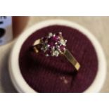 9ct Gold, Ruby & Diamond Cluster Ring, 2.45g, size T