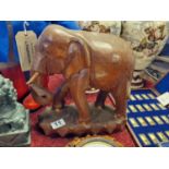 Carved Wooden Figure of Elephant - 30cm tall, one tusk missing