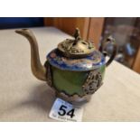 Oriental Jade & Enamel Tea Pot with Frog, Monkey, Butterfly and Dragon Decoration - character mark t