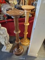 Pair of Wooden Plinth Plant Stands - one with carved barley twist decoration 97cm, other 96cm