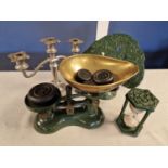 Good Range of Collectable Vintage Kitchenwares inc green cast iron Egg Timer, Scales and J. Thornton