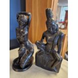 Pair of Ebony Ebonised Wood Indonesian Goddess & Deity Figures - tallest 34cm tall