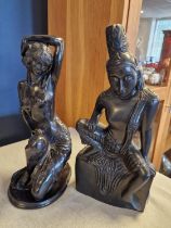 Pair of Ebony Ebonised Wood Indonesian Goddess & Deity Figures - tallest 34cm tall