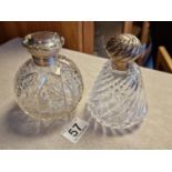 Pair of Silver Topped Glass Scent Bottles - hallmarked Birmingham 1889 and Chester 1907, tallest 12.