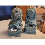 Pair of Green Jade Styled Chinese Heavyweight Foo Dog Dragon Figures - 21cm tall