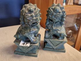 Pair of Green Jade Styled Chinese Heavyweight Foo Dog Dragon Figures - 21cm tall