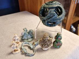 Collection of Chinese Decorative Pieces, inc Puzzle Ball, Netsuke, Scent Bottles