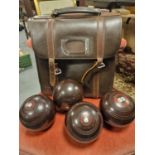 Leather Bagged Set of Four Henselite Lawn Bowls