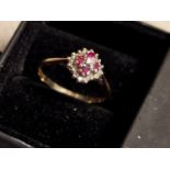 9ct Gold, Ruby & Diamond Cluster Ring, size O
