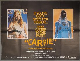 Folded UK quad horror film poster (40"x30") for Carrie [1976] (pinholes to all 4 corners)