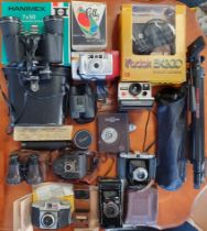 Assortment of 9 cameras (Kodak, Chinon, Solida etc), binoculars, tripods, vintage light meter, Falco