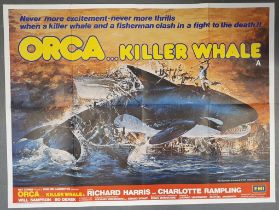 Folded UK quad film poster (40"x30") for Orca - Killer Whale [1977] (art by John Birkey; pinholes to