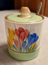 Clarice Cliff Newport Crocus Preserve Jar w/ Spoon - 9.5cm tall