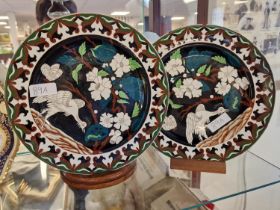 Pair of Hand-Painted Floral and Bird Decorated Ashworths Plates - 24cm diameter