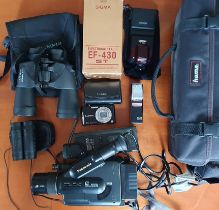 Panasonic G2 VHS-C movie camera + cased accessories, Lumix digital camera, 2 flashes (Sigma/Wotan) a