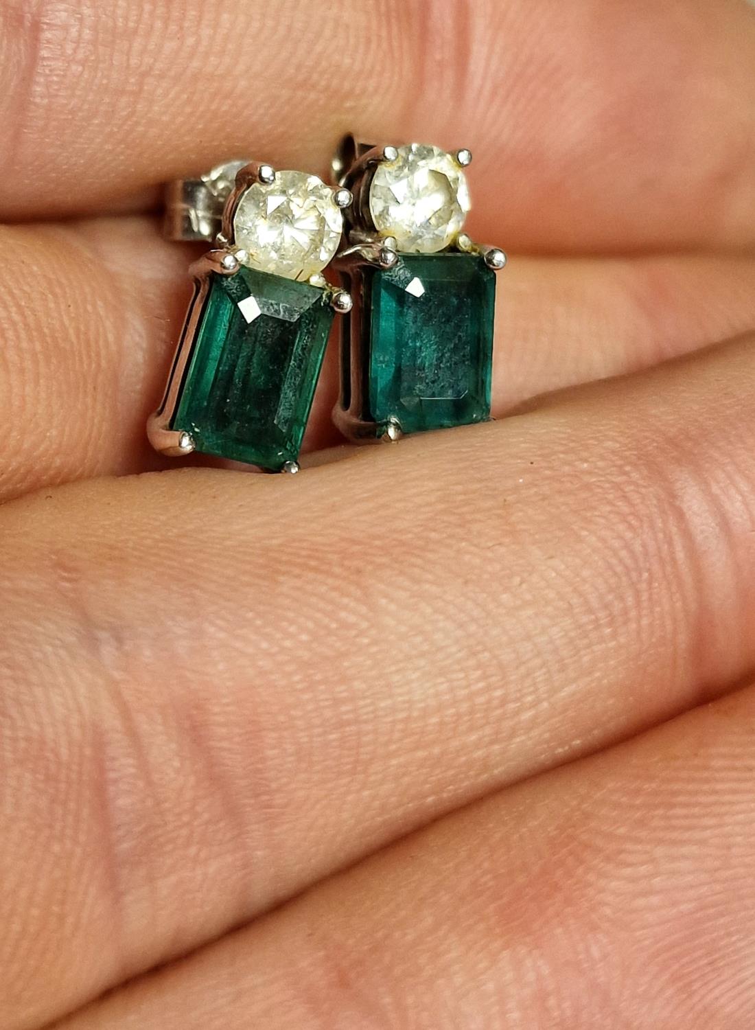 Pair of 18ct White Gold, Emerald & Diamond Stud Earrings - each set with single 1ct emerald cut ston - Image 2 of 3
